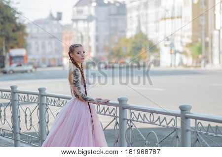 Close Up Portrait Of Beautiful Bride With Tattoo And Long Hair In Braids. Girl Dressed In A Classic