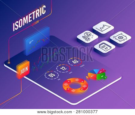 Isometric Vector. Set Of Diagram, Cogwheel And Startup Icons. Handout Sign. Growth Graph, Engineerin