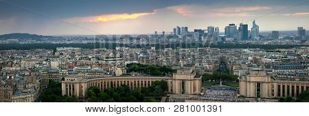 Panorama Of Evening Paris. The District Of La D?fense In The Background, Tall Buildings And Towers. 