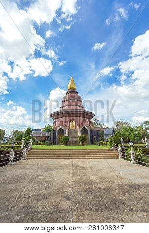 Sam Than Chao Khun Pagoda With Thai Language Post In Wat Pai Lom, Trad Province, Thailand.