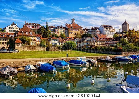 Historical Buildings In Picturesque Medieval Old Town Of Murten On Lake Morat, Switzerland