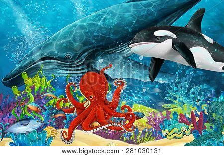 Cartoon Scene With Whale And Killer Whale And Octopus Near Coral Reef - Illustration For Children