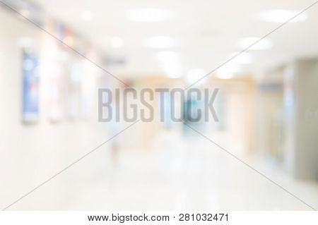 Abstract Blur Luxury Hospital Corridor. Blur Clinic Interior Background With Defocused Effect. Healt