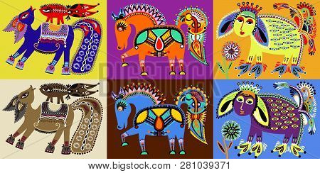 Set Of Indian Kalamkari Style Tribal Ethnic Painting