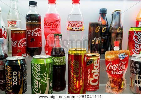 Kuleshovka, Russia - 13 December 2018: Various Coca-cola Cans, Bottles In Museum