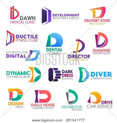Corporate Identity Letter D Business Icons. Vector Medicine And Hiring, Delivery And Food, Sport And