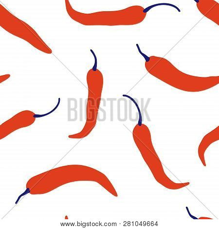 Vector Chili, Cayenne Hot Pepper Background. Mexican Exotic Spicy Seamless Pattern. Hand Drawing Foo