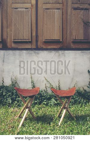 Three-legged Camping Chair, Made Of Wood And Leather.