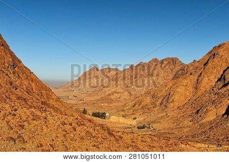 Scenic View Of The Saint Catherine's Monastery. Cathedral Is Located In The Valley Near Famous Mount