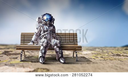 Rocketman on bench. Mixed media