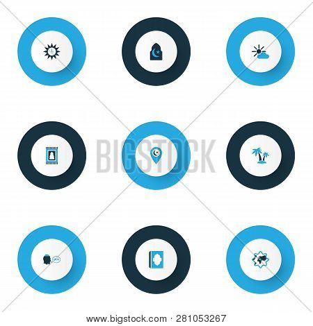 Holiday Icons Colored Set With Asr, Religion, Azan And Other Dua Elements. Isolated  Illustration Ho