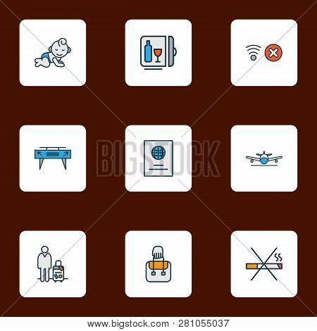 Travel Icons Colored Line Set With Minibar, Passport, Baby Room And Other Citizenship Elements. Isol
