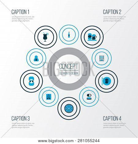 Alcohol Icons Colored Set With Waiter, Menu, Placard And Other Design Elements. Isolated Vector Illu