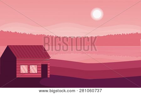 Panoramic Lanscape. Vector Illustration Of Nature. View With Mountain, Sky, Sun, Sunrise, Sunset, Fo