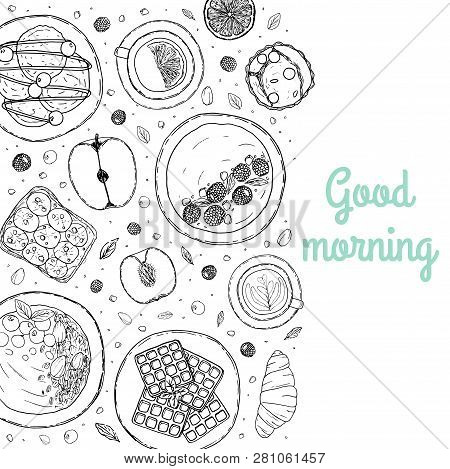 Banner Of Breakfast And Brunch Ingredient Top View. Food Elements Collection. Hand Drawn Vector Illu