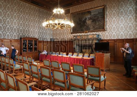 Leipzig, Germany - May 9, 2018: People Visit The New Town Hall (neues Rathaus) In Leipzig, Germany. 
