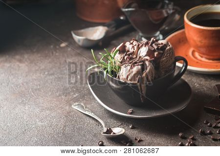 Chocolate Coffee Ice Cream Balls In A Bowl Over Dark Background