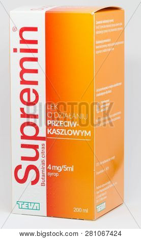 Pruszcz Gdanski, Poland - January 26, 2019: Supremin Syrup For The Symptoms Of Cough.