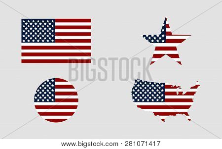 Flag Usa. Star Flag Usa. Usa Map. American Flag In Circle. Set Of American Flags In Flat Design