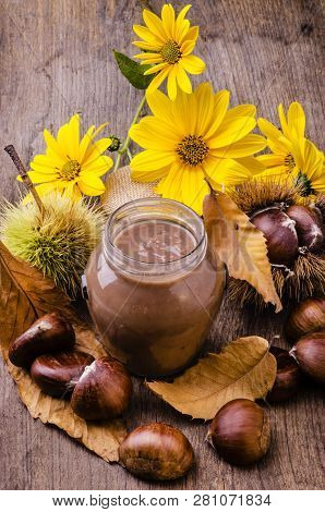 On The Rustic Table, With Autumn Colors, Spreadable Chestnut Jam, In The Glass Jar