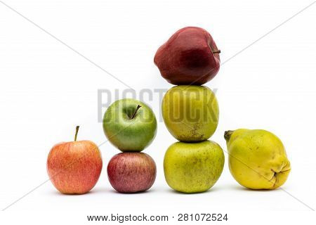 Seven Apples Of Different Types Isolated From The White Background
