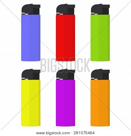 Realistic Lighters. A Set Of Lighters. The Colors Of Lighters Are Blue, Red, Green, Yellow, Purple A