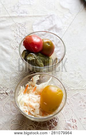 Vegetable Salad. Sauerkraut And Preservation. Canned Vegetables.