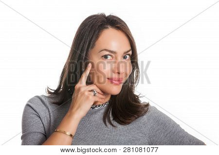 Closeup Portrait Of A Beautiful Young Woman Thinking Or Having An Idea Isolated On White Background.
