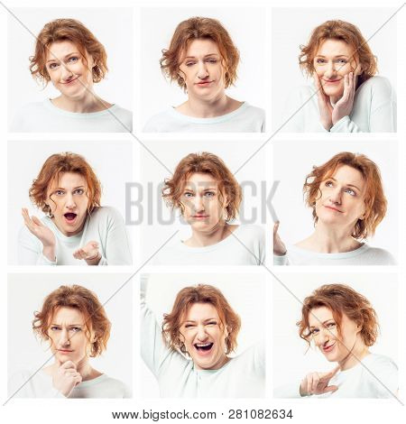 Young Casual Redhead Woman Expressing Different Emotions In Collage On White Background