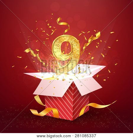 9 Th Year Number Anniversary And Open Gift Box With Explosions Confetti Isolated Design Element. Tem