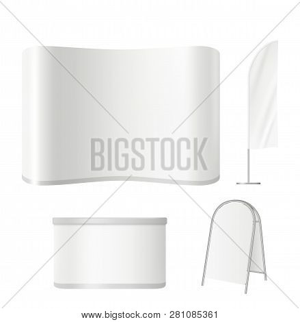 Exhibition Stands. Advertising Event Empty Display Board Screen Roll Up Blank Poster And Promotional