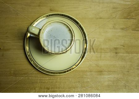 Hot Coffee Cup. Strong Coffee On Wooden Table Background. Fresh Coffee. Latte Coffee. Morning Coffee