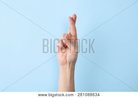Woman Showing R Letter On Color Background, Closeup. Sign Language