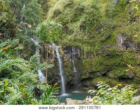 Lush Waterfall In Rain Forest On Road To Hana, Maui