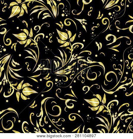 Beautiful Golden Flowers Seamless Pattern With Love