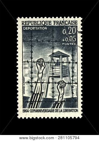France - Circa 1964: Canceled Vintage Stamp Printed In France Shows Liberation Of Concentration Camp