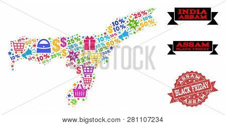 Black Friday Collage Of Mosaic Map Of Assam State And Scratched Stamp. Vector Red Imprint With Uncle