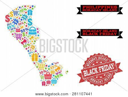 Black Friday Collage Of Mosaic Map Of Boracay Island And Textured Seal. Vector Red Imprint With Uncl
