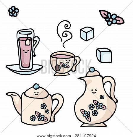 Kawaii Vector Cup Icon Set. Hand Drawn Illustration For Morning Beverage Designs. Herbal Leaf Drink 