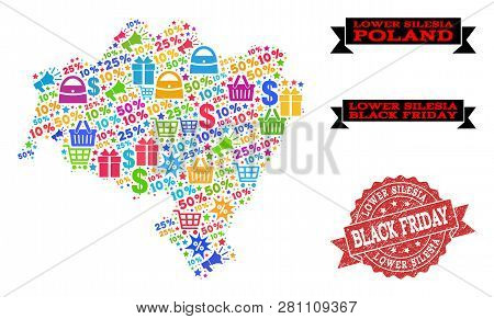 Black Friday Composition Of Mosaic Map Of Lower Silesia Province And Corroded Seal. Vector Red Seal 