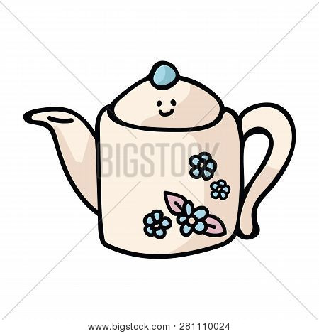 Kawaii Country Teapot Cartoon Vector Illustration Motif Set. Hand Drawn Hot Drink Elements Clipart F