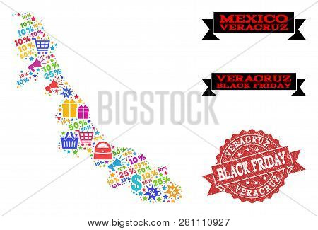 Black Friday Composition Of Mosaic Map Of Veracruz State And Scratched Stamp Seal. Vector Red Seal W