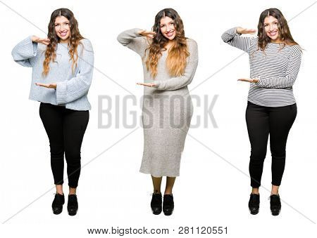 Collage of beautiful young woman over white isolated background gesturing with hands showing big and large size sign, measure symbol. Smiling looking at the camera. Measuring concept.