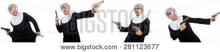Man in nun dress with handgun 