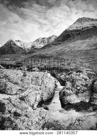 Multiple Waterfalls On River Brittle  With Many Cold Swimmable Pools. Black And White Photography