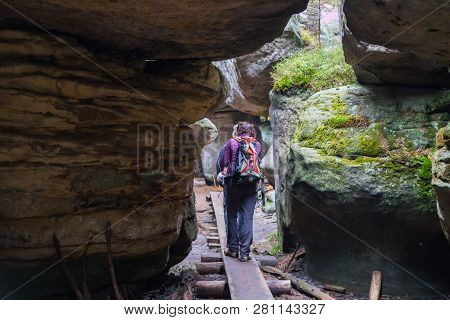 Kudowa Zdroj, Poland - September 15, 2018: Sandstone Errant Rocks Labyrinth In National Park In Pola