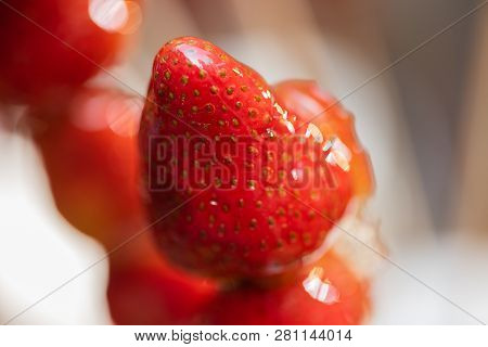 Tanghulu Traditional Chinese Hard Caramel Coated Strawberry Skewers Close-up Also Called Bing Tanghu