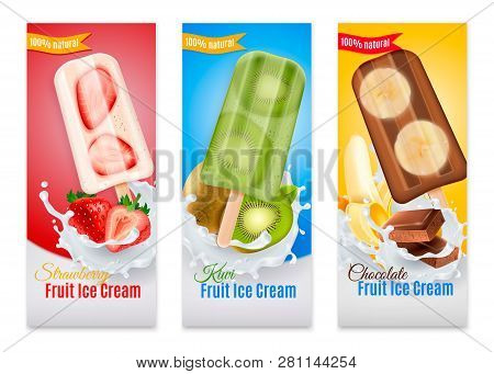 Popsicles Realistic Banners With Advertising Of Strawberry Kiwi And Chocolate Fruit Ice Cream Isolat