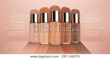 Cosmetic Realistic Vector Ads Banner With Premium Foundation For Perfect Makeup, Decorative Cosmetic