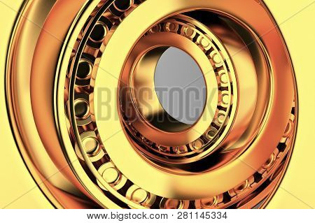 3d Rendering. Automotive Gold Bearings Auto Spare Parts. Tapered Roller Bearing Isolated On A Dark B